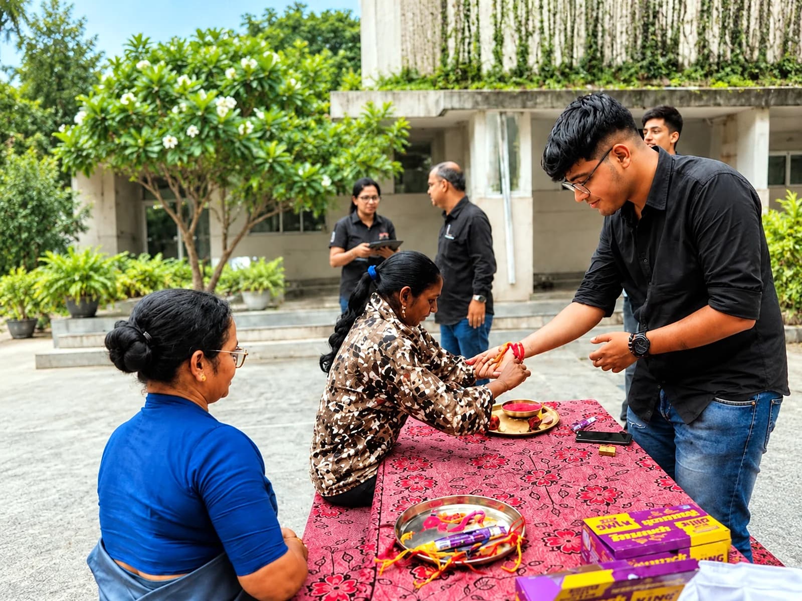 Rakhi being tied at a Raksha Bandhan visit to a care facility