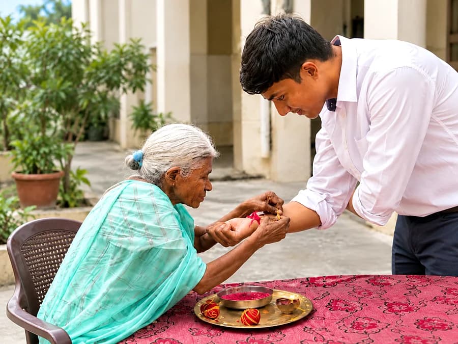 A resident tying a rakhi